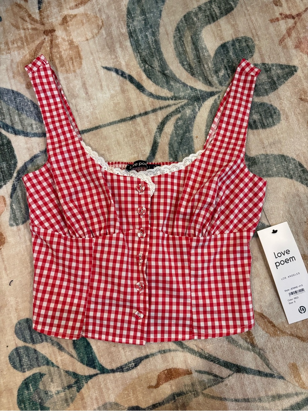 NWT Love Poem Red Gingham Lace-Trim Button Crop Top